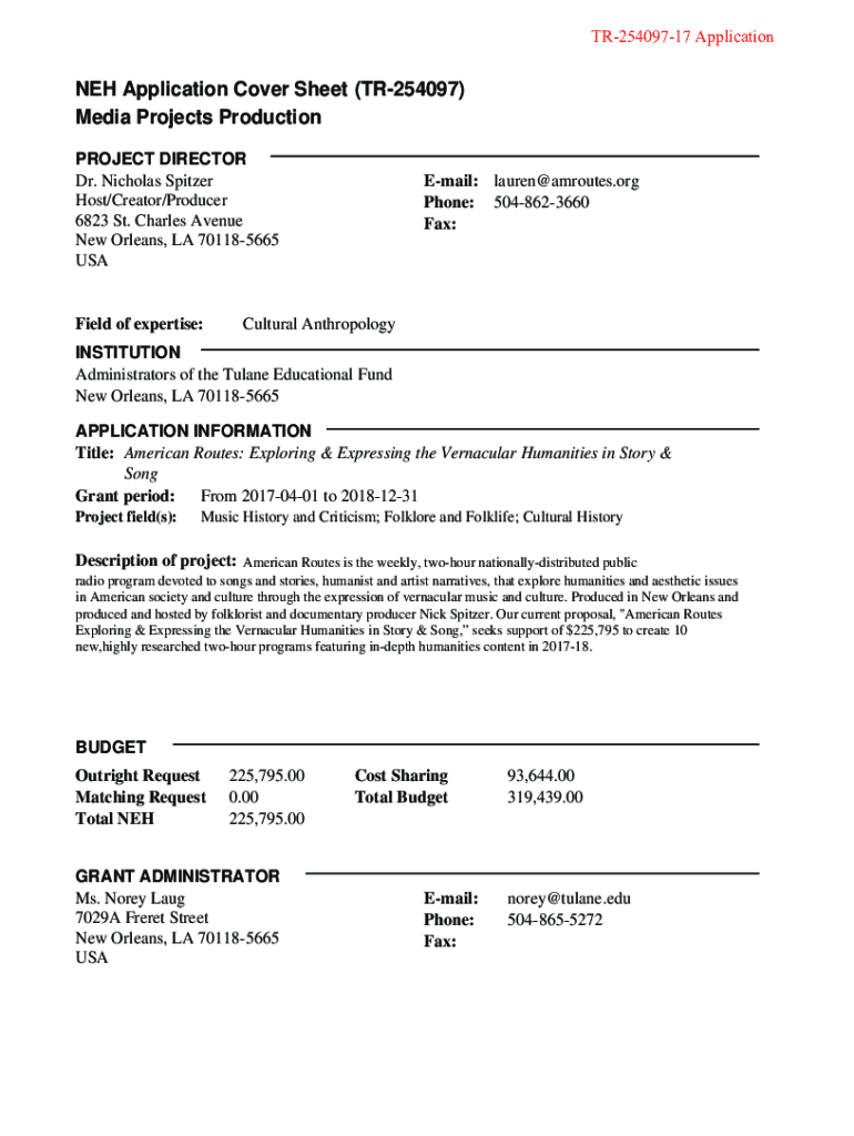 Fillable Online NEH Application Cover Sheet Media Projects Production