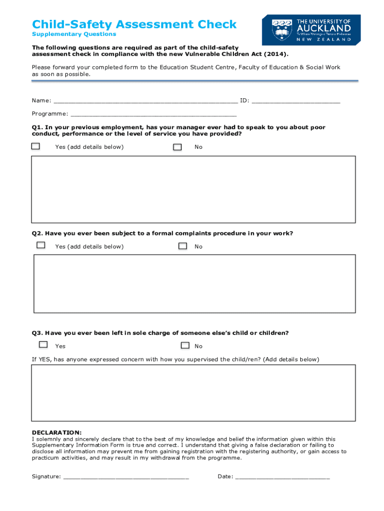 Fillable Online cdn.auckland.ac.nzassetsaucklandChildSafety Assessment