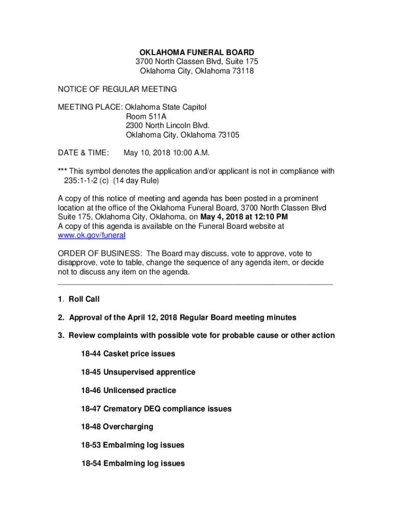 Fillable Online www.ok.govfuneralBoardInfoOklahoma Funeral Board 2017 Notes May Special Fax