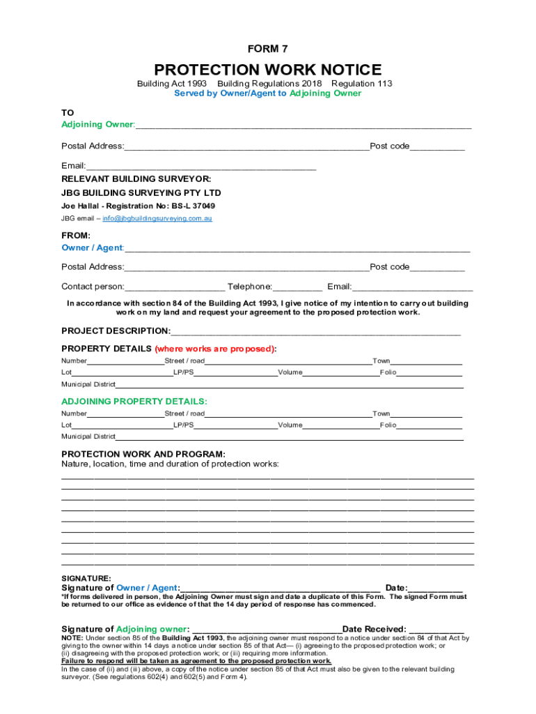 Fillable Online Form 7 Protection Work Notice.docx FORM 7 Regulation 113 Building Act Fax