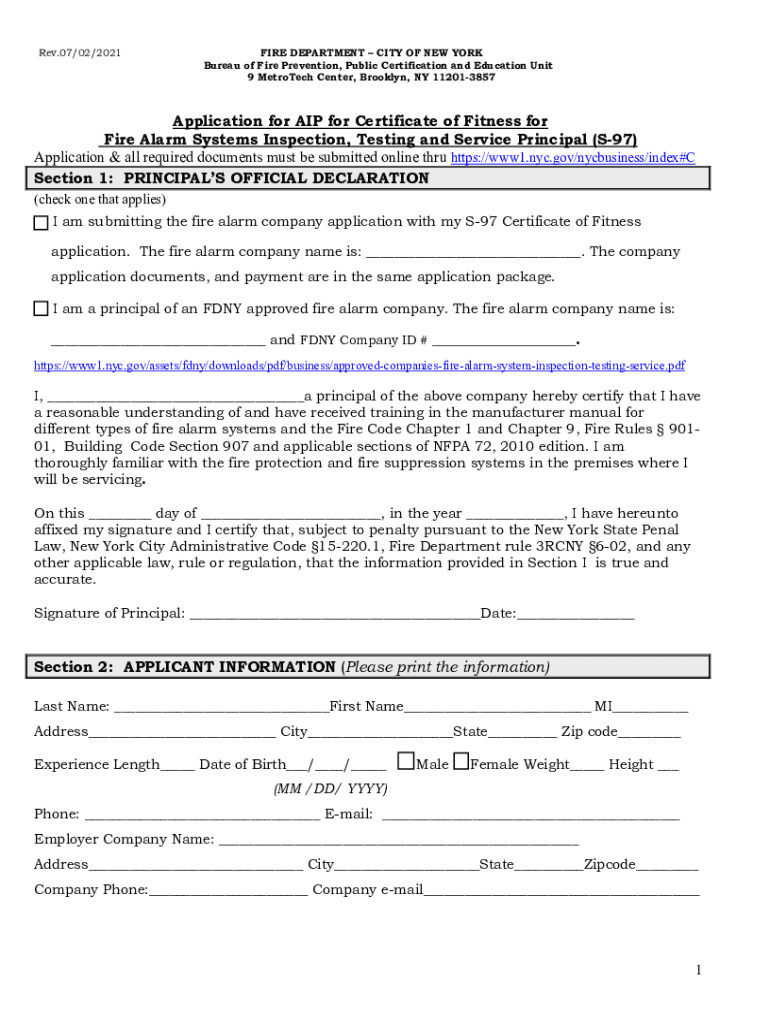 Fillable Online Application for AIP for Certificate of Fitness for Fire