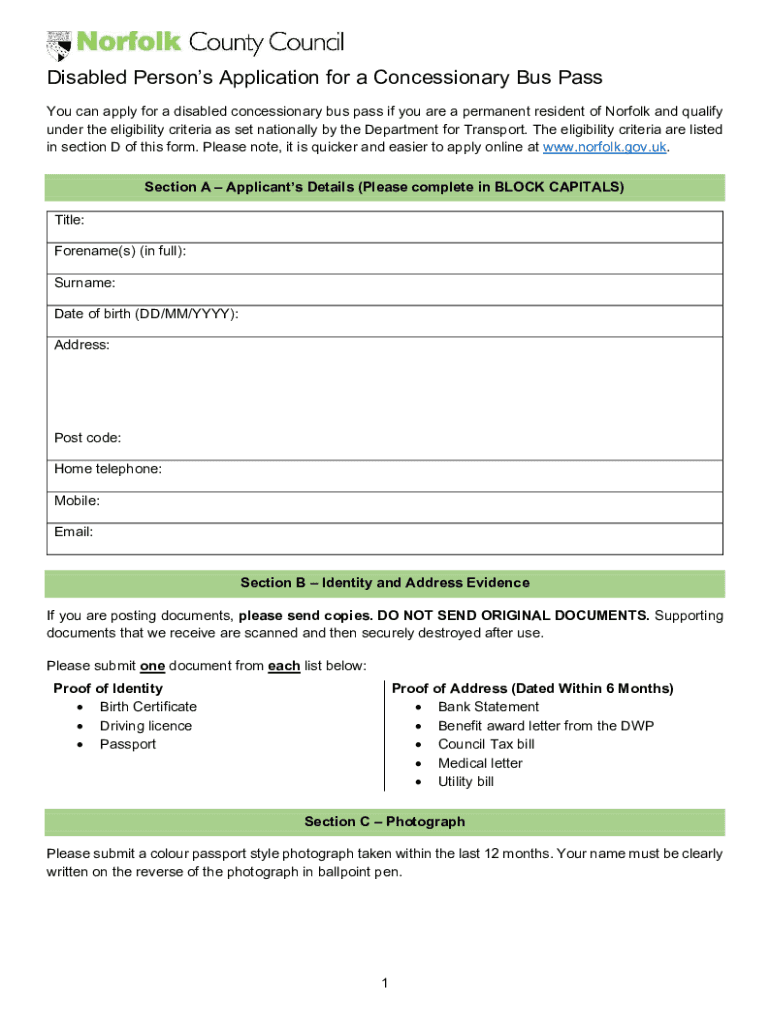 Fillable Online 04.22 Disabled Person's Concessionary Bus Pass