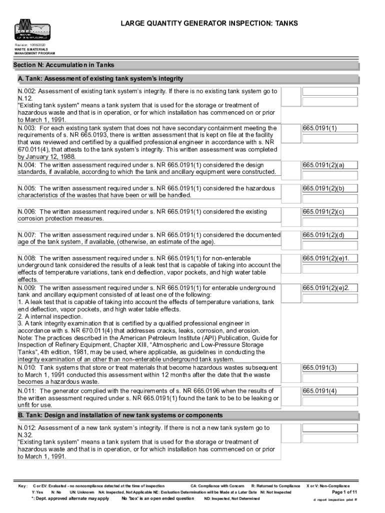 Fillable Online dnr wi Large Quantity Generator Inspection Tanks. DNR