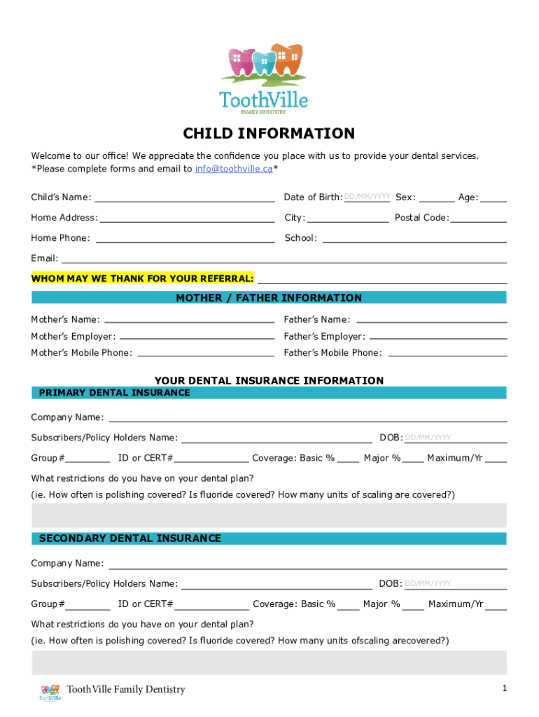 Fillable Online Child Registration form at ToothVille Family Dentistry. Health History Form for