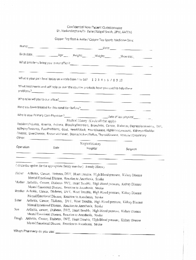 MO Copper Top Foot and Ankle Clinic Confidential New Patient Questionnaire Form Preview on Page 1