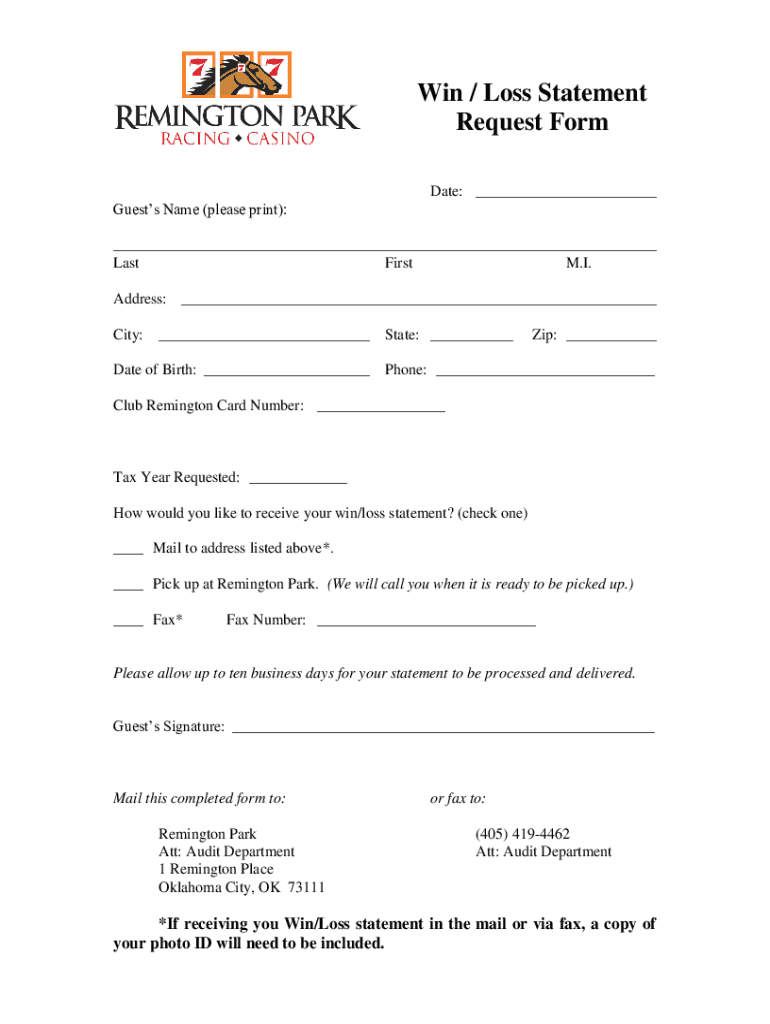 Win Loss Statement - Remington Park - US Legal Forms Preview on Page 1