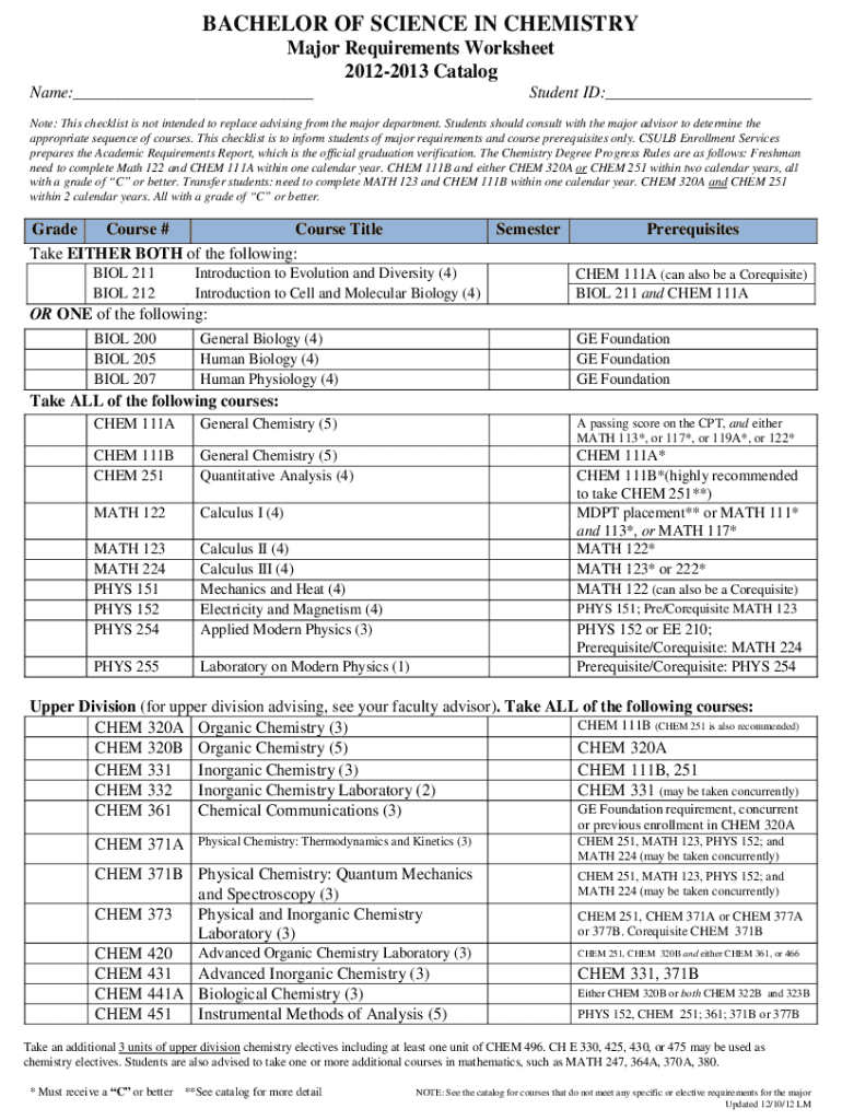 Fillable Online web.csulb.educhemistrybsworksheet2013BACHELOR OF