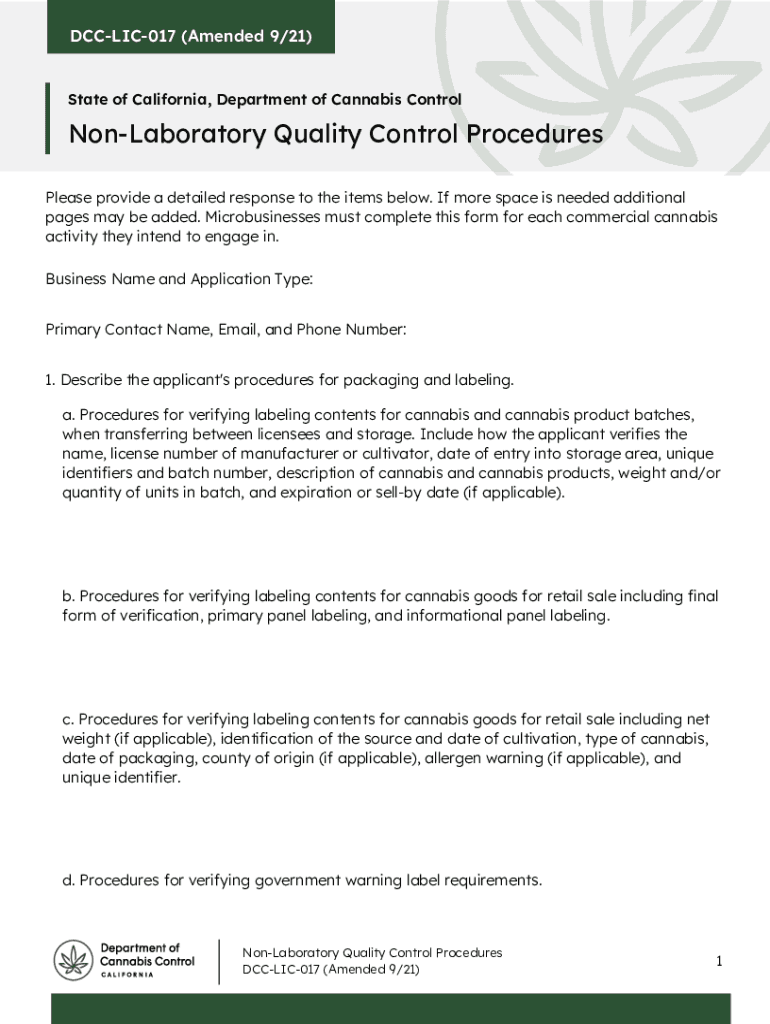 Fillable Online Department of Cannabis Control, NonLaboratory Quality