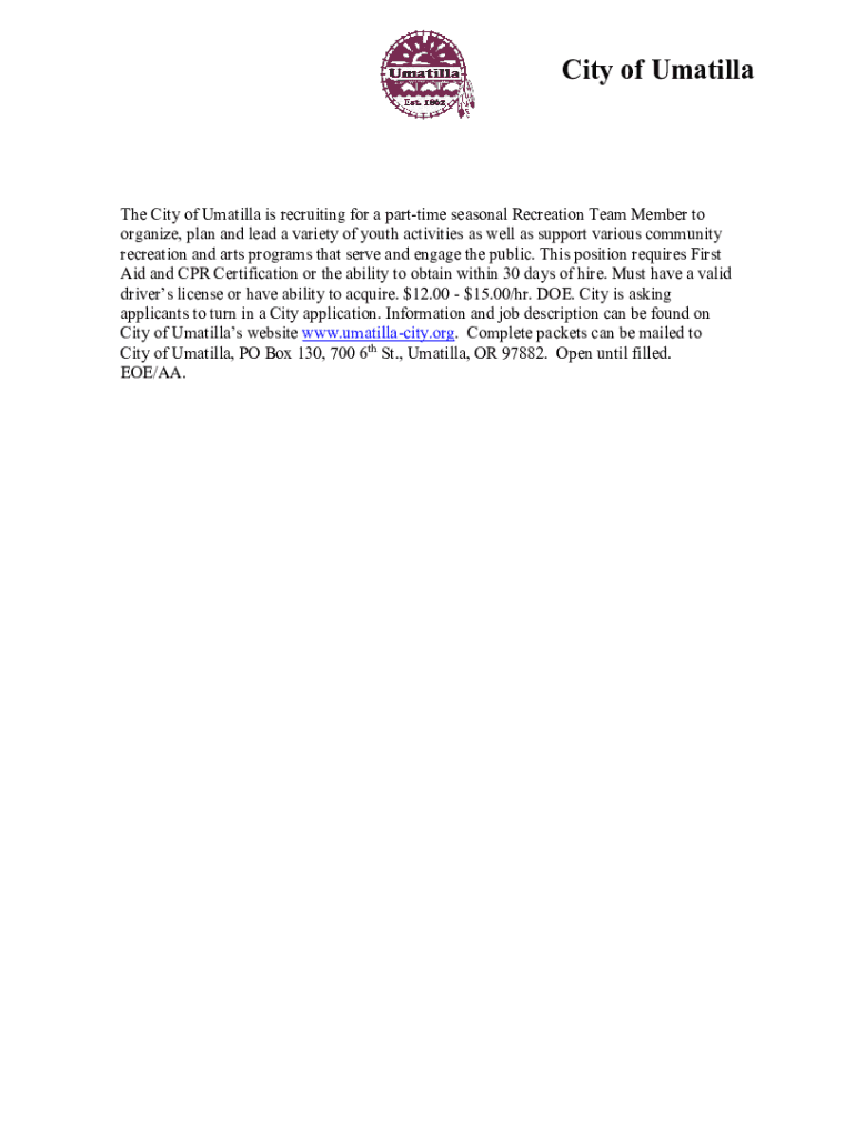 Fillable Online The City of Umatilla is recruiting for... City of