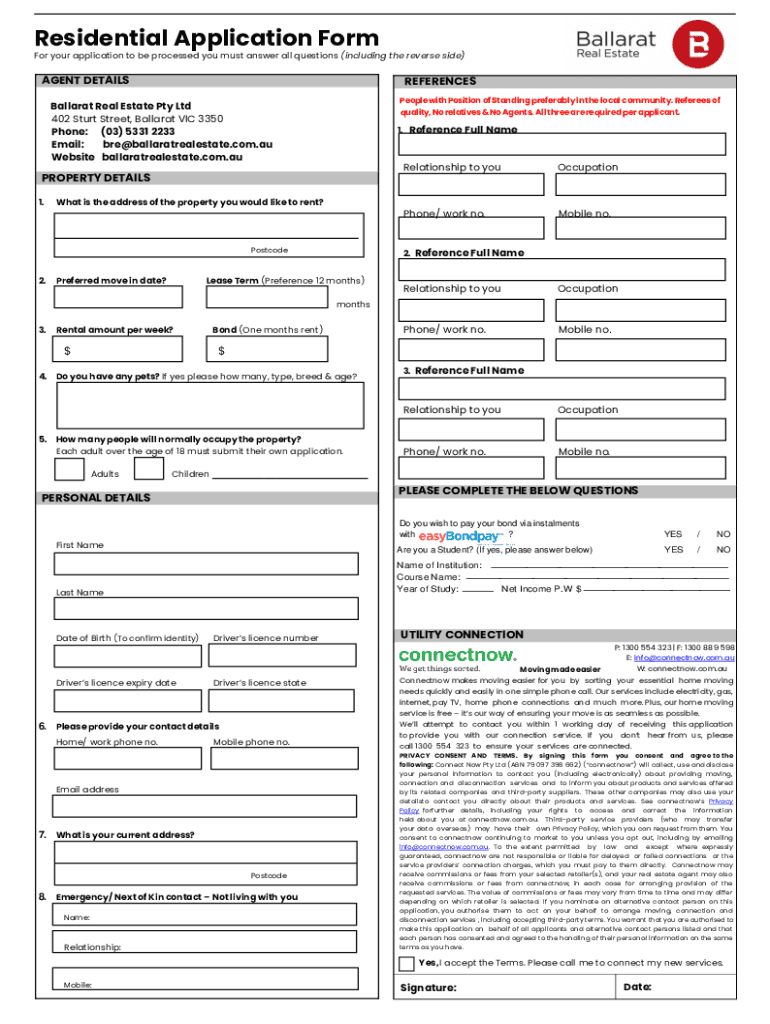 Fillable Online Residential Tenancy Application Form For your