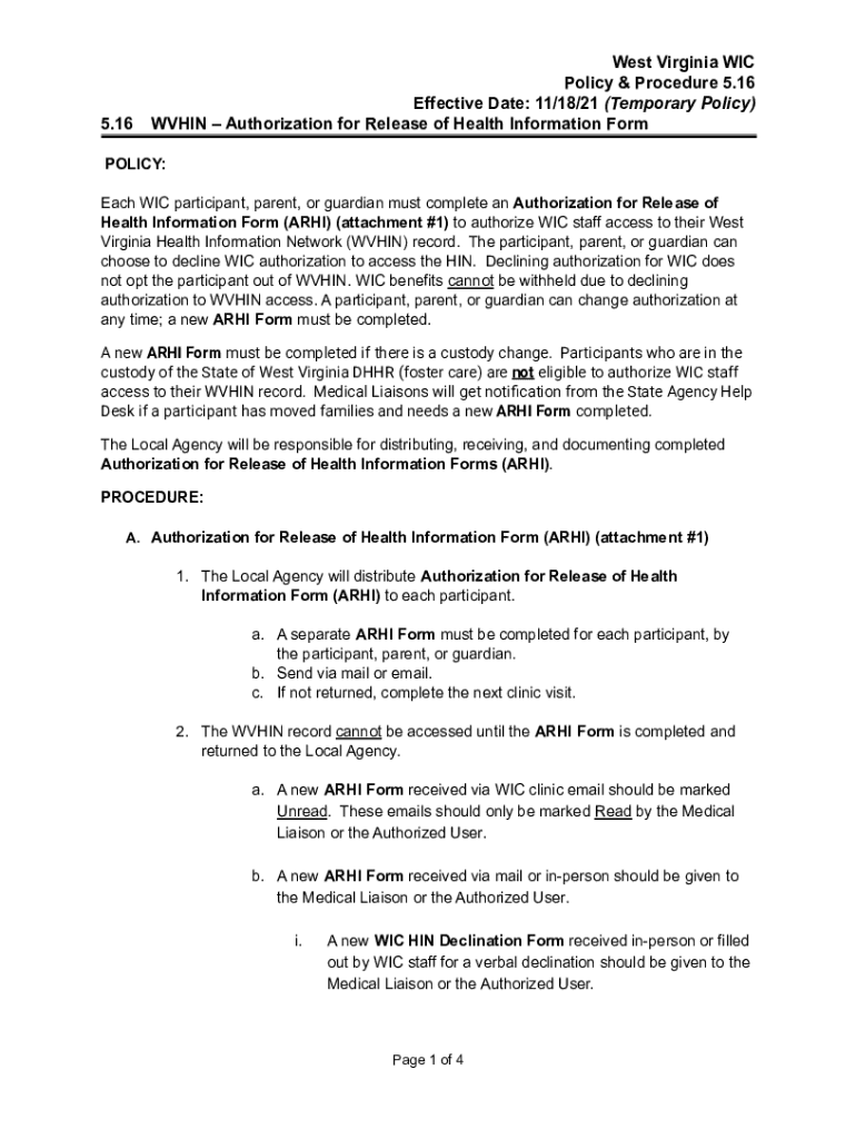 Fillable Online dhhr wv 5.16 WVHIN Authorization for Release of Health