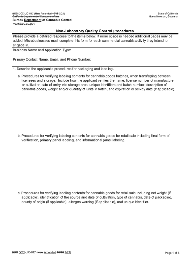 Fillable Online Bureau of Cannabis Control NonLaboratory Quality
