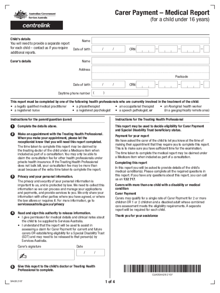 Carer Payment Medical Report (for a child under 16 years) Preview on Page 1