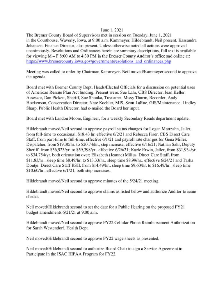 Fillable Online June 1, 2021 The Bremer County Board of Supervisors met