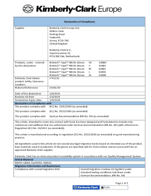 Declaration of Compliance for Kimtech Gloves