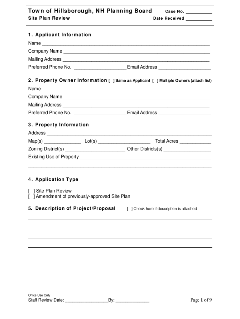 Fillable Online Town of Hillsborough, NH Planning Board Case No. Site