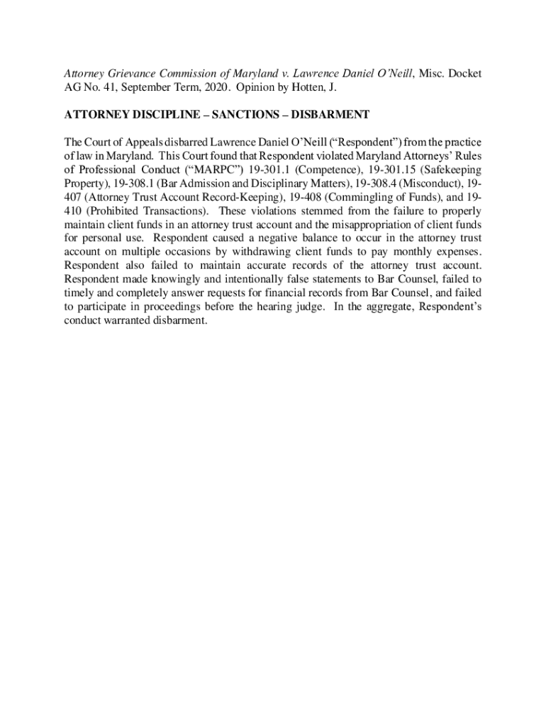 Fillable Online ATTORNEY DISCIPLINE SANCTIONS DISBARMENT Maryland