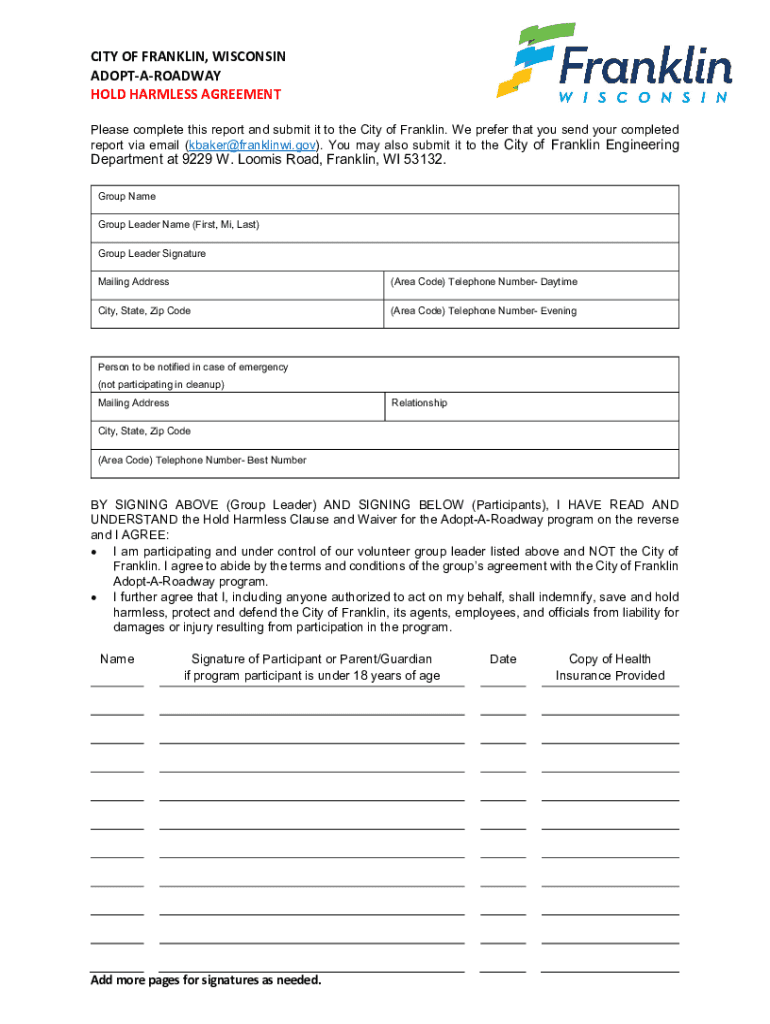 Fillable Online Indemnification and Hold Harmless Agreement by the City ...