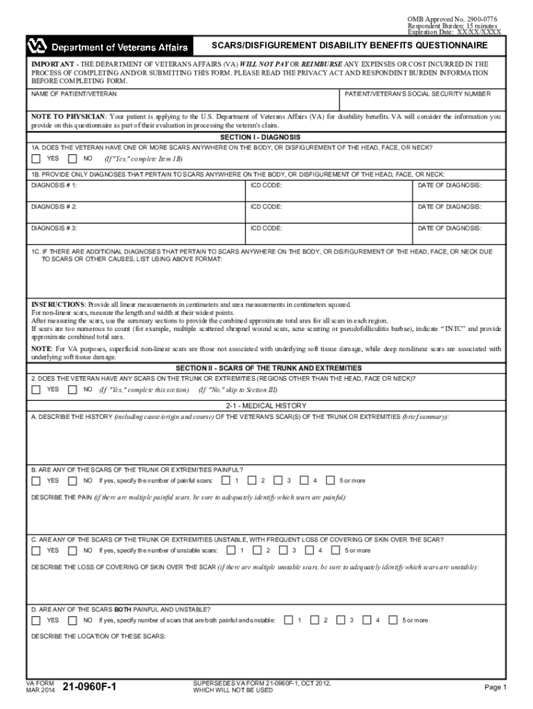 Fillable Online VA Form 21 0960F 1 Scars Disfigurement Disability