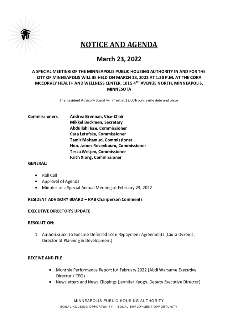 Fillable Online NOTICE AND AGENDA Minneapolis Public Housing