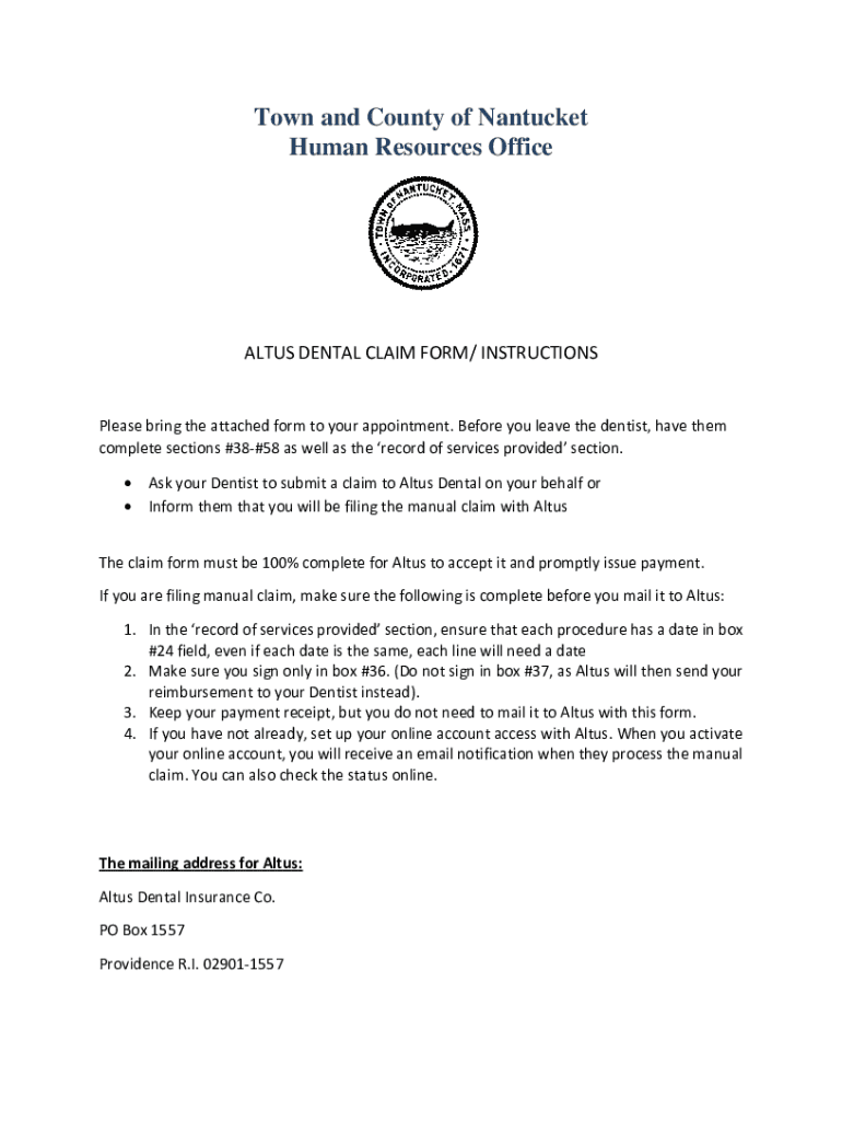 Fillable Online Altus Dental Claim Form with instructions Fax Email