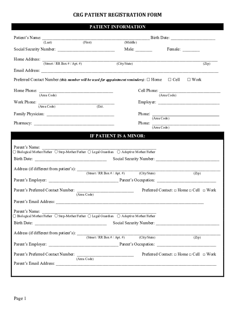 Fillable Online CRG PATIENT REGISTRATION FORM - Childrens Resource Preview on Page 1