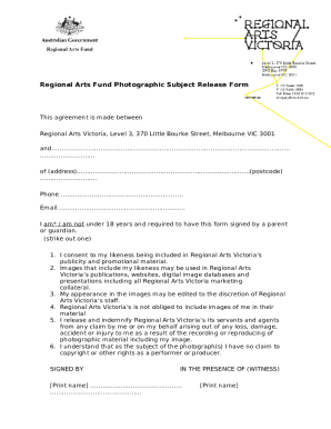 Regional Arts Victoria Photographic Subject Release Form
