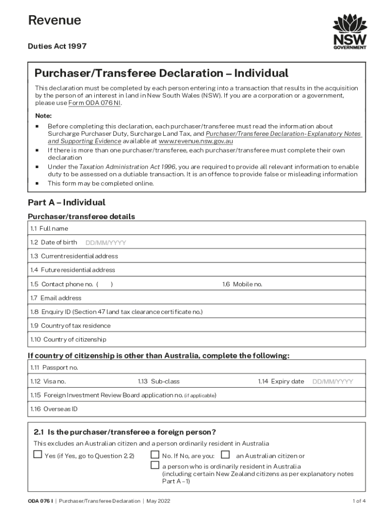 revenue nsw help-centreresourcesPurchaser Transferee DeclarationIndividual - Revenue NSW Preview on Page 1