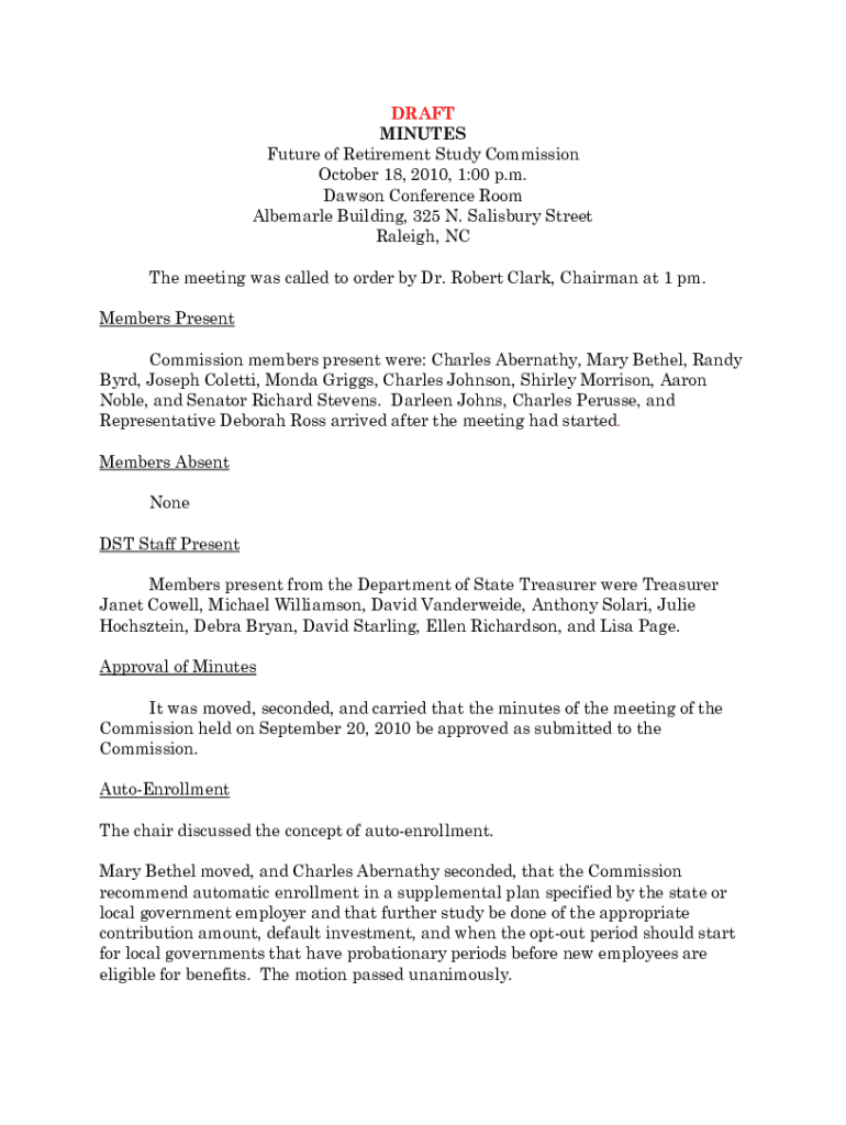 Fillable Online files.nc.gov retire documentsMINUTES OF THE FUTURE OF RETIREMENT STUDY