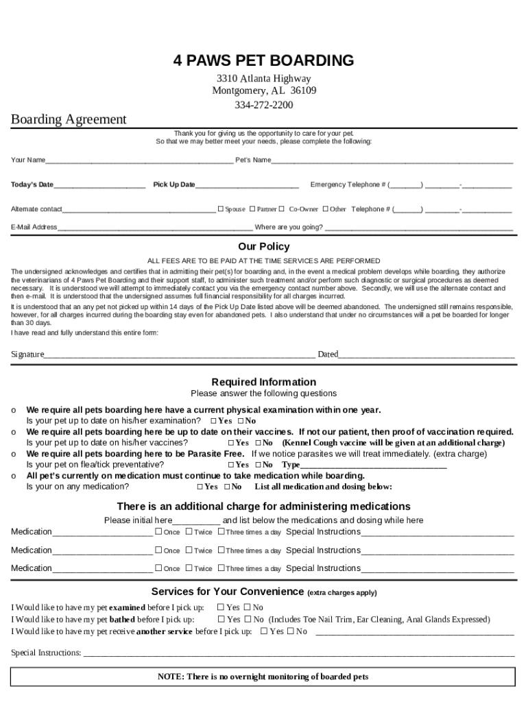 4 Paws Pet Boarding in Montgomery Animal Shelter Doc Template pdfFiller
