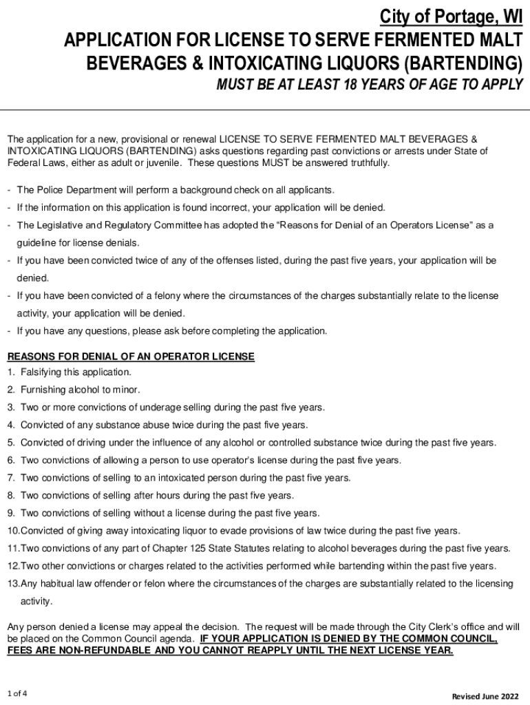 Fillable Online City of Portage, WI APPLICATION FOR LICENSE TO SERVE