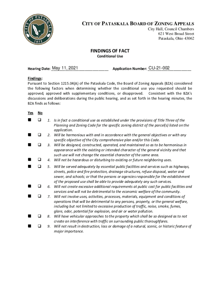Fillable Online CITY OF PATASKALA BOARD OF ZONING APPEALS City Hall