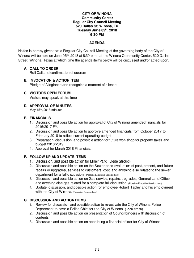 Fillable Online www.winonatx.gov uploads cmsCITY OF WINONA Special Call
