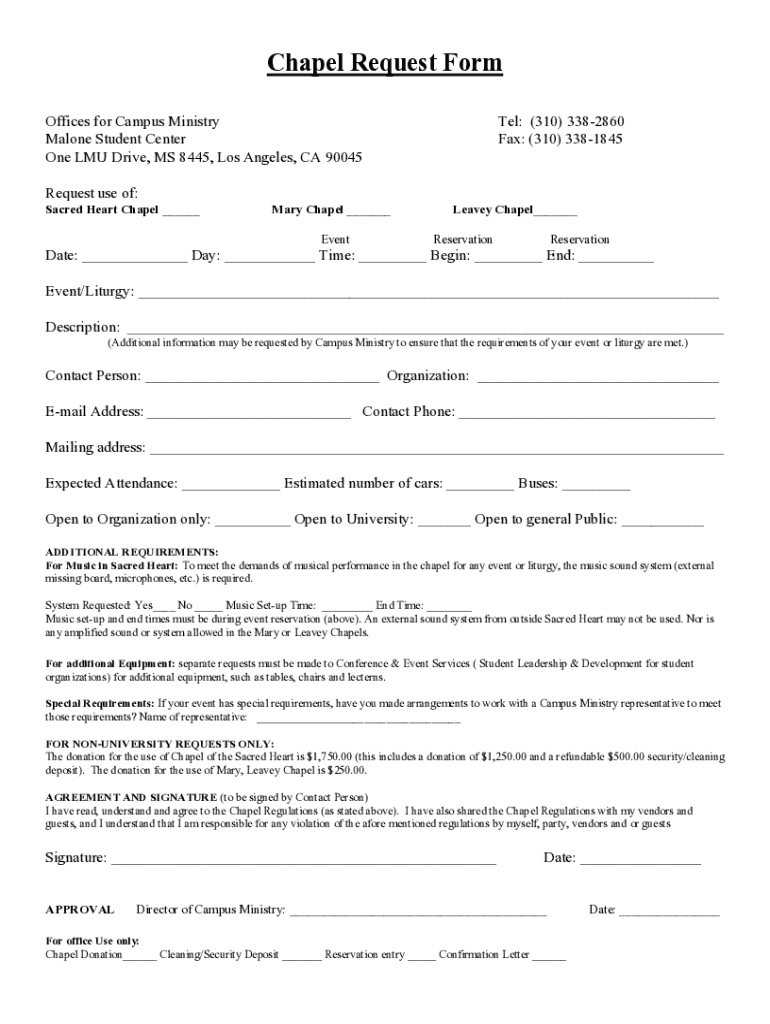 Fillable Online mission lmu Chapel Request Form Loyola Marymount University Fax Email Print