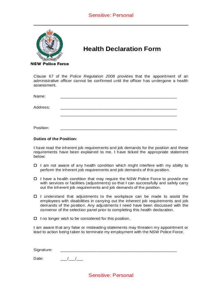 Health Declaration  viewHealth Declaration Clause 67 of Doc