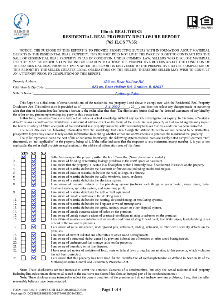 Fillable Online Illinois REALTORS RESIDENTIAL REAL PROPERTY DISCLOSURE REPORT (765 ILCS Fax