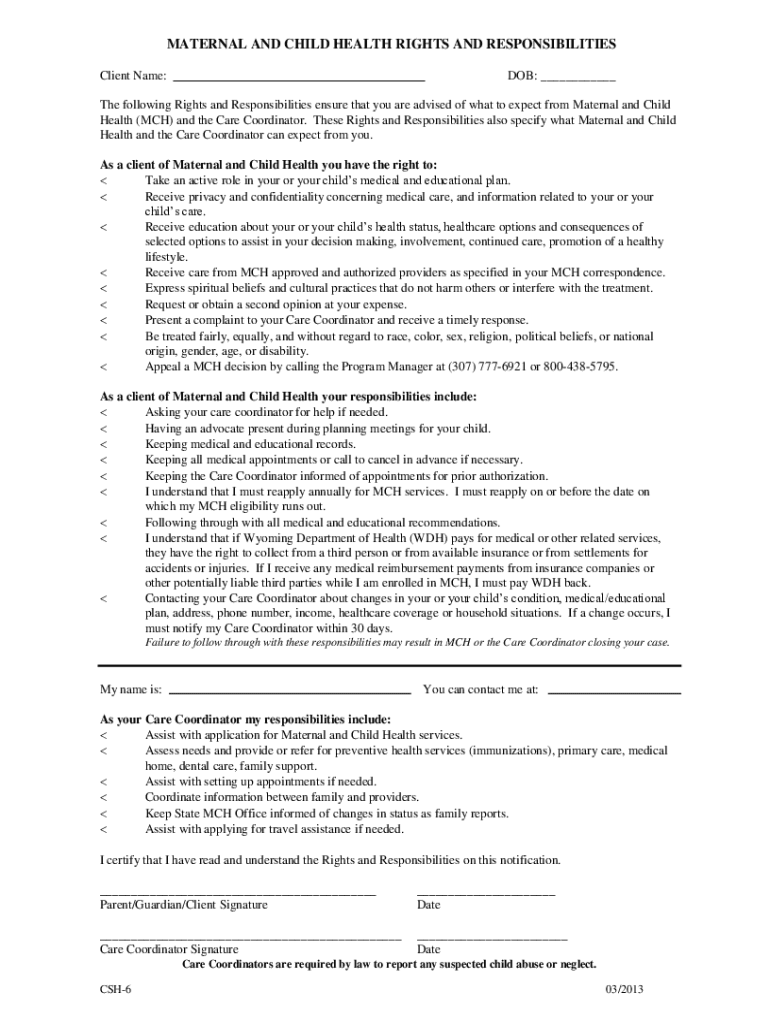 Fillable Online MATERNAL AND CHILD HEALTH RIGHTS AND RESPONSIBILITIES