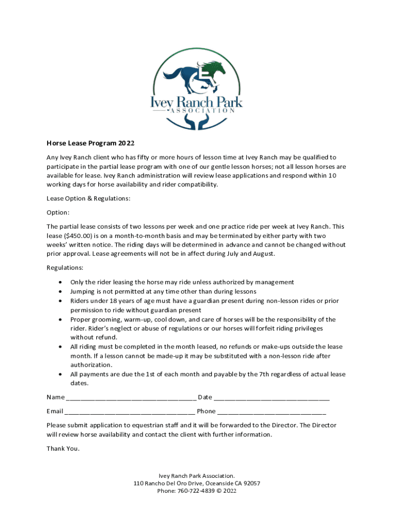 Fillable Online Horseandriderhow tothe half lease contractHalf 