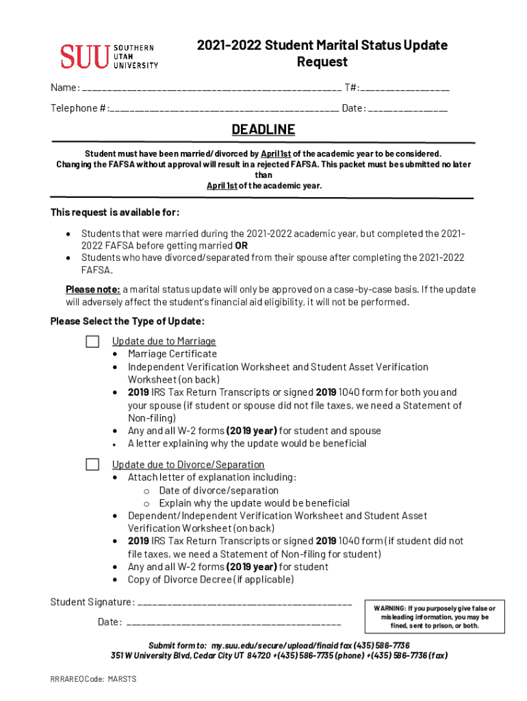 Fillable Online secure.suu.edufinaidpdf20222023 Student Marital Status