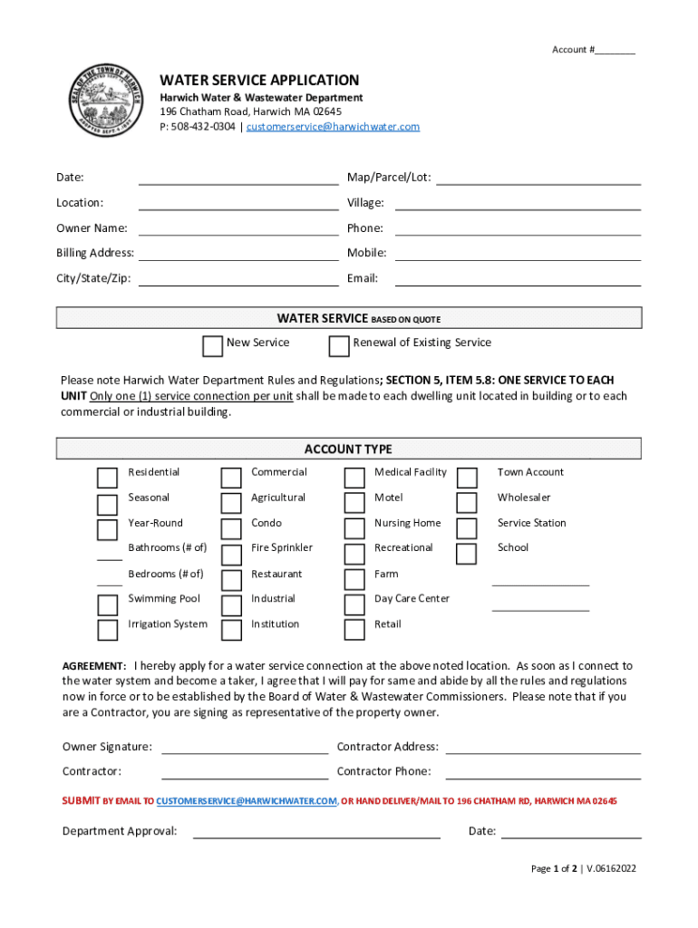 MA Water Service Application Town Of Harwich 2022 Fill and Sign