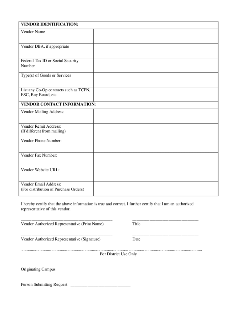 Fillable Online Independent School District Vendor