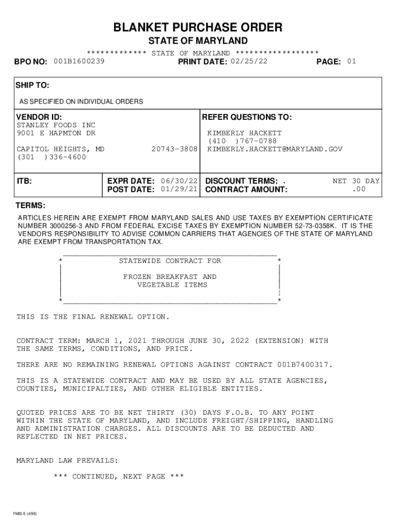 Fillable Online dgs maryland PDF version of FMIS Blanket Purchase Order