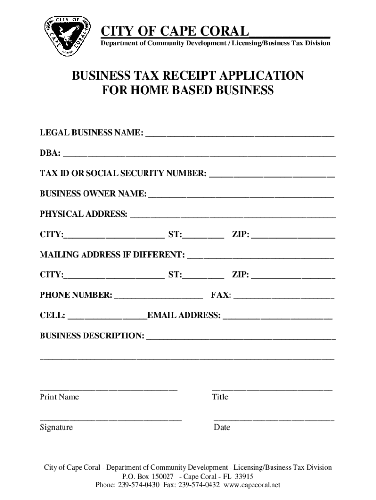 Fillable Online Business Tax receipt Application for home based