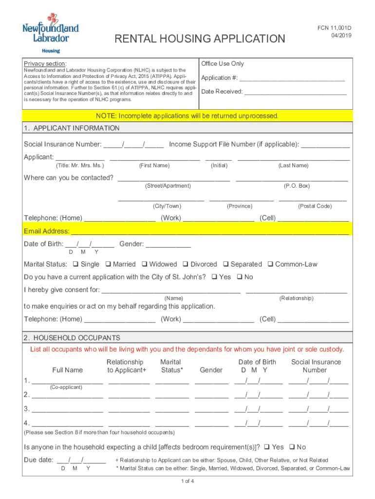 Fillable Online Rental Housing Application Newfoundland and