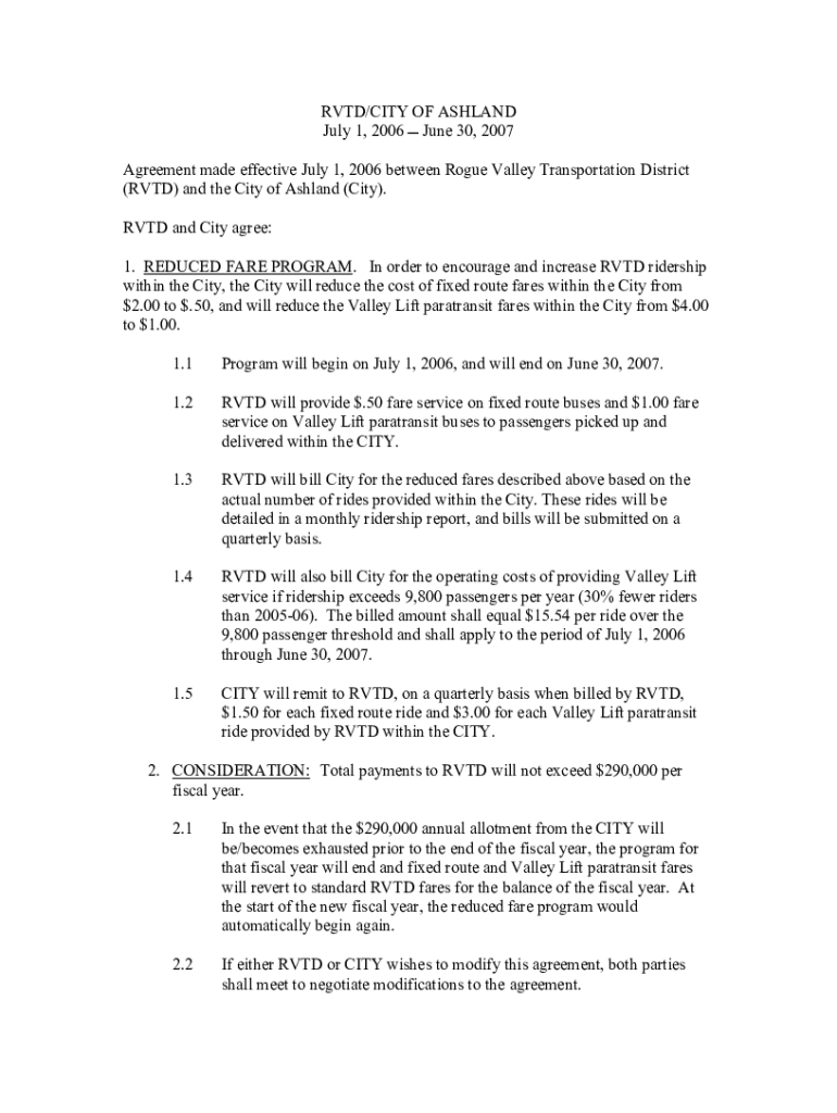 Fillable Online www.ashland.or.usFilesRVTD-Agreement2005 RVTD Agreement ...