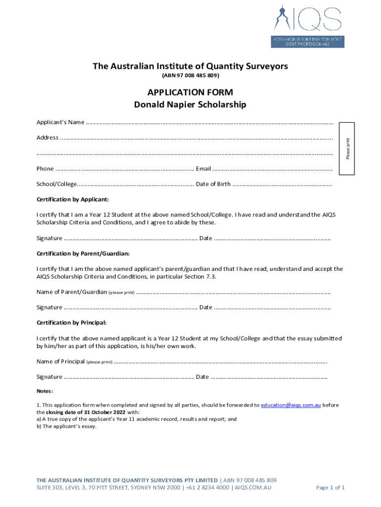 APPLICATION FORM Donald Napier Scholarship Preview on Page 1