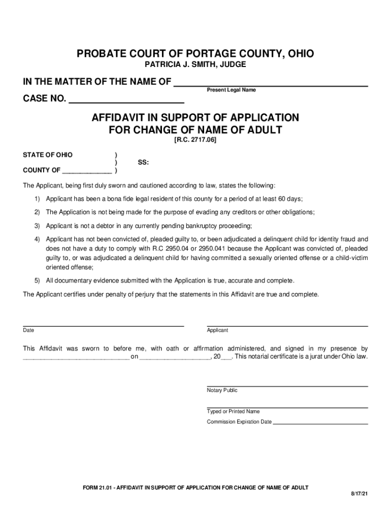 Fillable Online PROBATE COURT OF PORTAGE COUNTY, OHIO AFFIDAVIT IN
