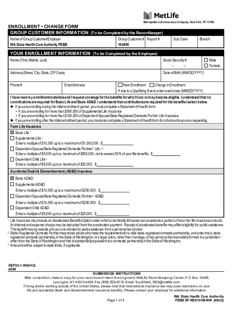 metlife enrollment change form Preview on Page 1