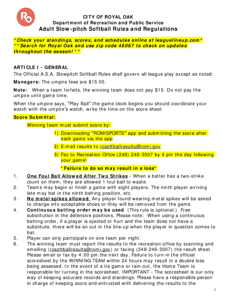 Fillable Online Adult Slowpitch Softball Rules and Regulations Fax