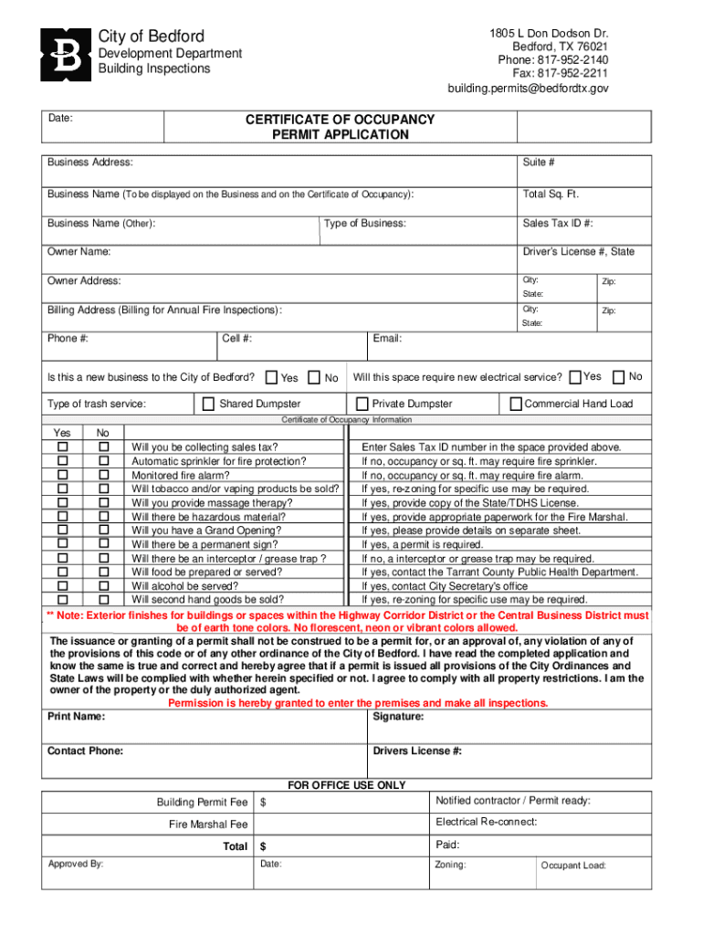 Fillable Online Certificate of Occupancy Permit Application Bedford TX
